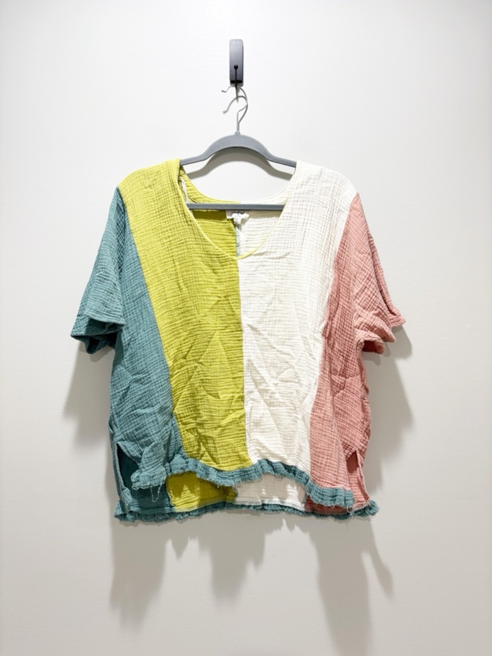 Umgee Colorblock Cotton Gauze V-Neck Top Textured Relaxed Fit Boho Peasant S